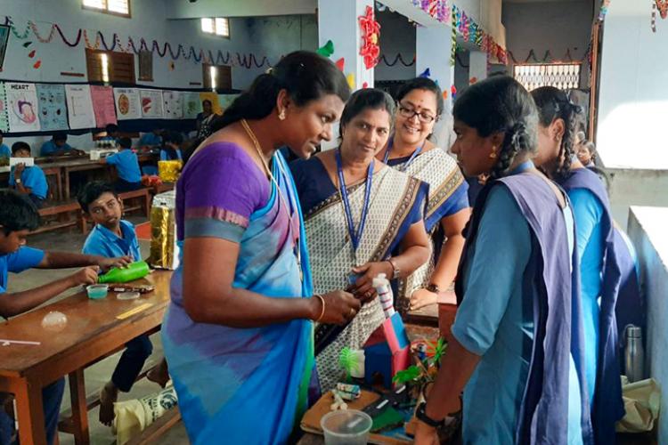 The Chief Guest visiting the Science and Arts Exhibition at VKV Kanyakumari